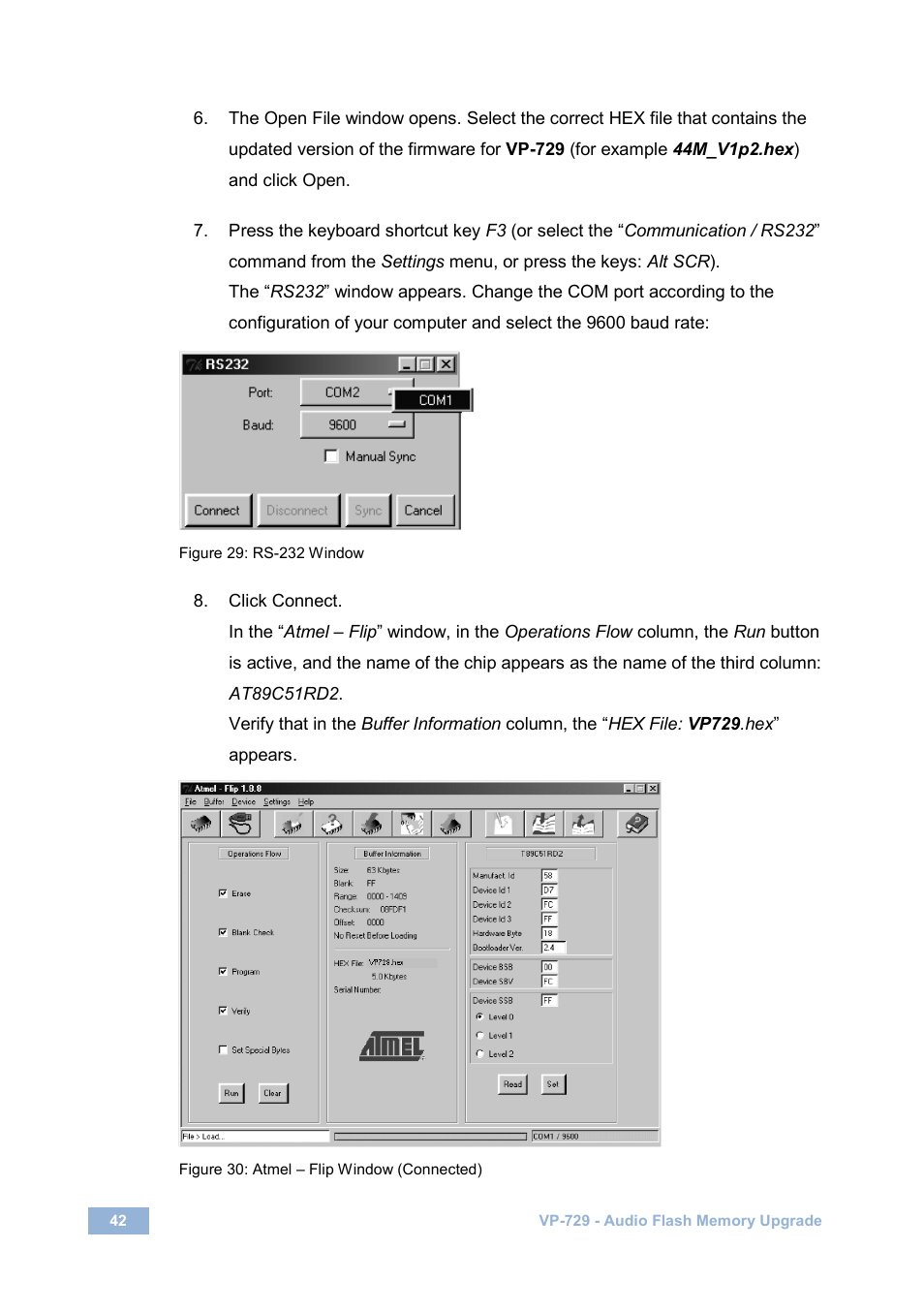 Figure 29: rs-232 window, Figure 30: atmel – flip window (connected) | Kramer Electronics VP-729 User Manual | Page 47 / 67