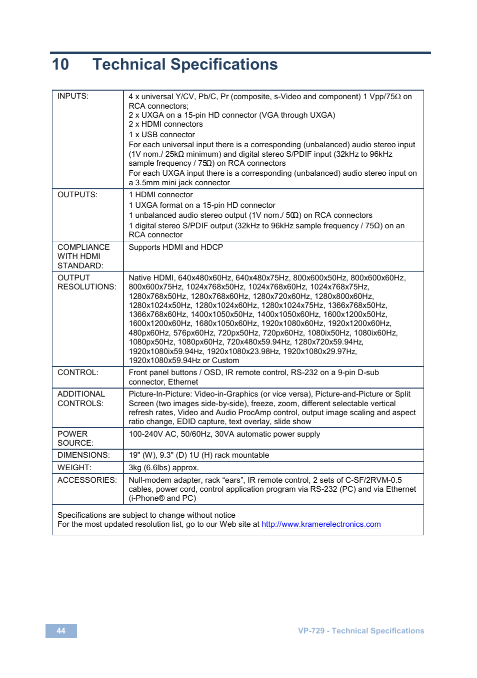 10 technical specifications, Technical specifications | Kramer Electronics VP-729 User Manual | Page 49 / 67