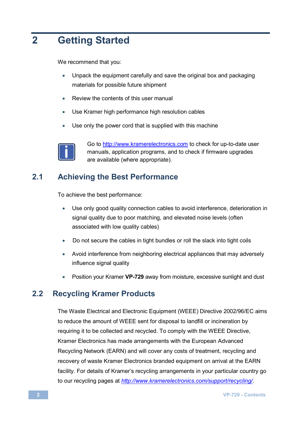 2 getting started, 1 achieving the best performance, 2 recycling kramer products | Getting started, Achieving the best performance, Recycling kramer products, 2getting started | Kramer Electronics VP-729 User Manual | Page 7 / 67