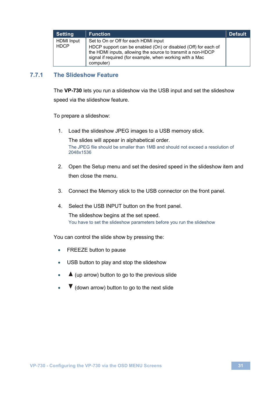 1 the slideshow feature, N 7.7.1, Ge 31 | On 7.7.1 | Kramer Electronics VP-730 User Manual | Page 36 / 68