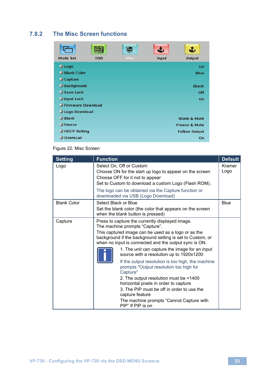 2 the misc screen functions, Figure 22: misc screen, Ge 33 | Age 33 | Kramer Electronics VP-730 User Manual | Page 38 / 68