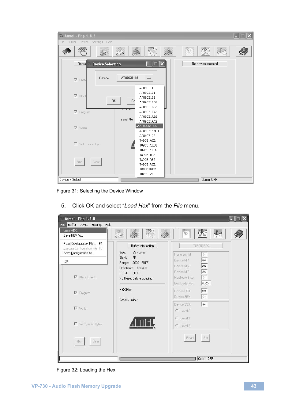 Figure 31: selecting the device window, Figure 32: loading the hex | Kramer Electronics VP-730 User Manual | Page 48 / 68