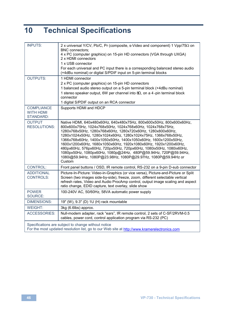 10 technical specifications, Technical specifications | Kramer Electronics VP-730 User Manual | Page 51 / 68