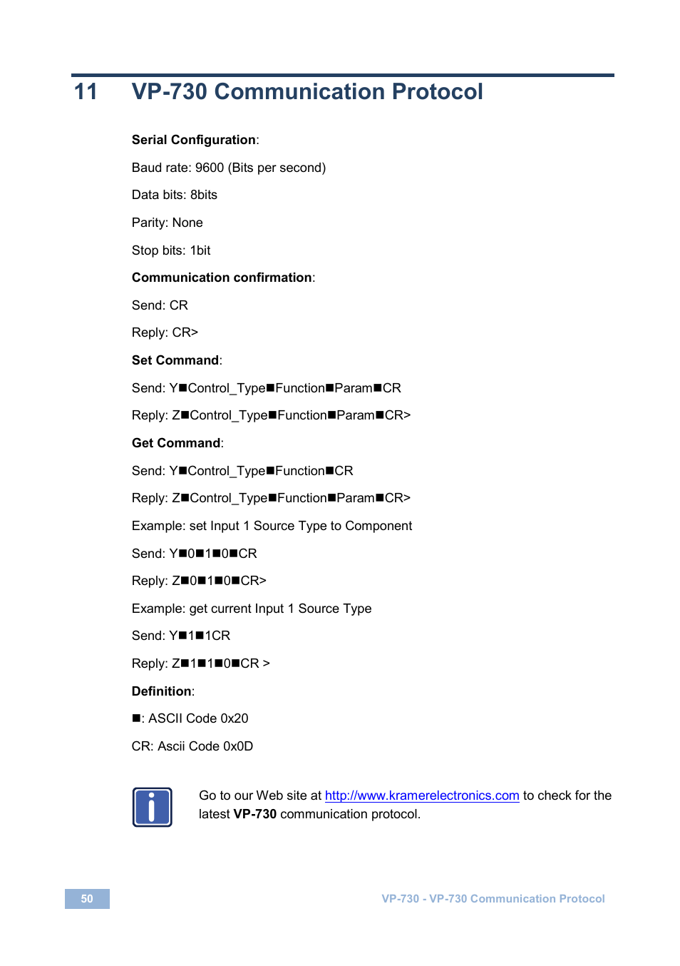 11 vp-730 communication protocol, Vp-730 communication protocol | Kramer Electronics VP-730 User Manual | Page 55 / 68