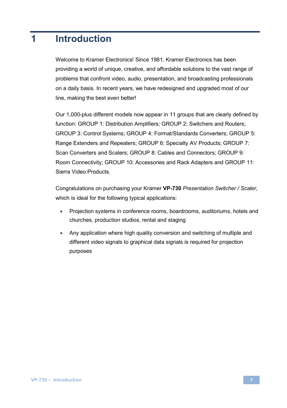 1 introduction, Introduction, 1introduction | Kramer Electronics VP-730 User Manual | Page 6 / 68