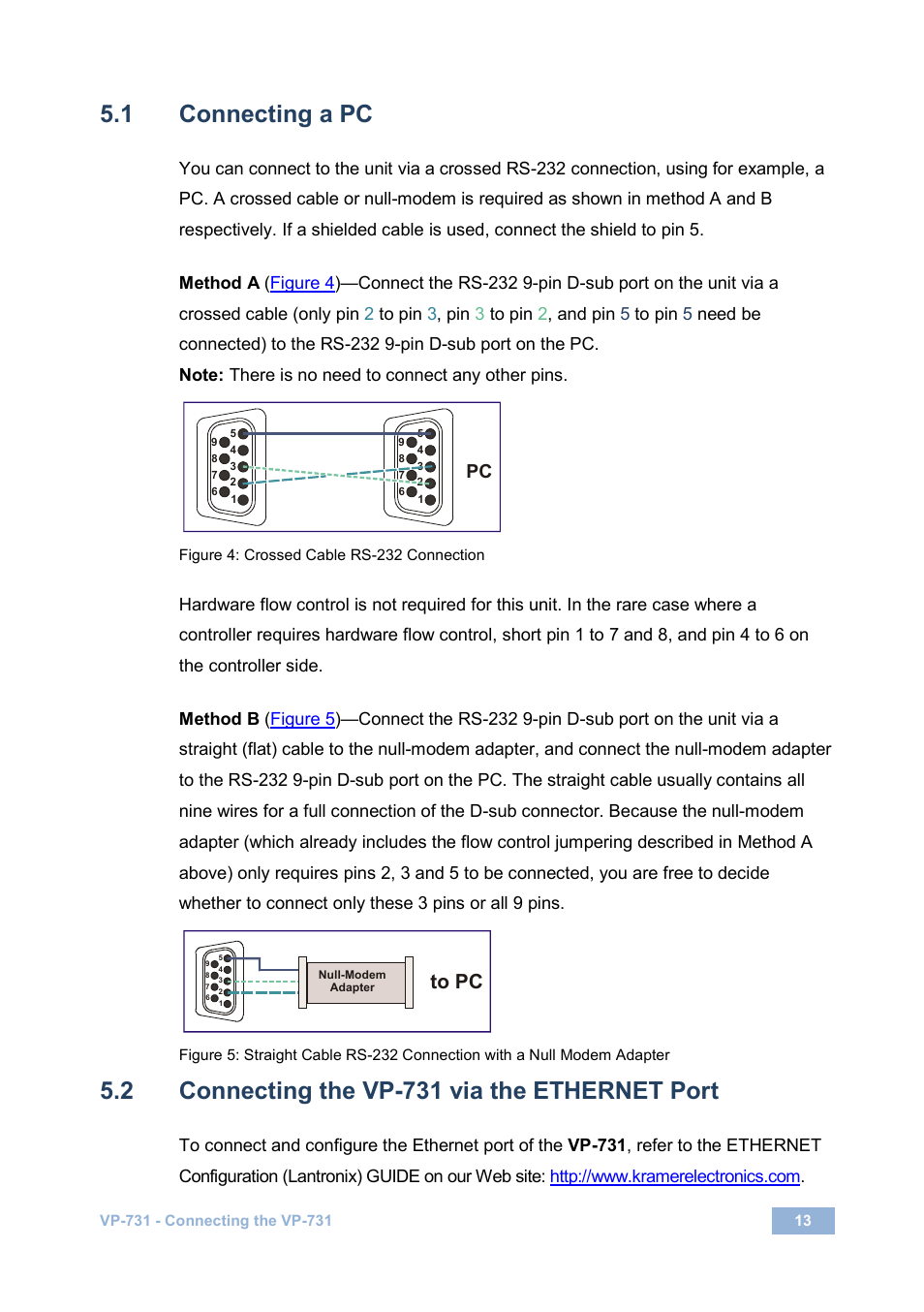 1 connecting a pc, 2 connecting the vp-731 via the ethernet port, Connecting a pc | Connecting the vp-731 via the ethernet port, Figure 4: crossed cable rs-232 connection, On 5.1, On 5.2 | Kramer Electronics VP-731 User Manual | Page 18 / 69