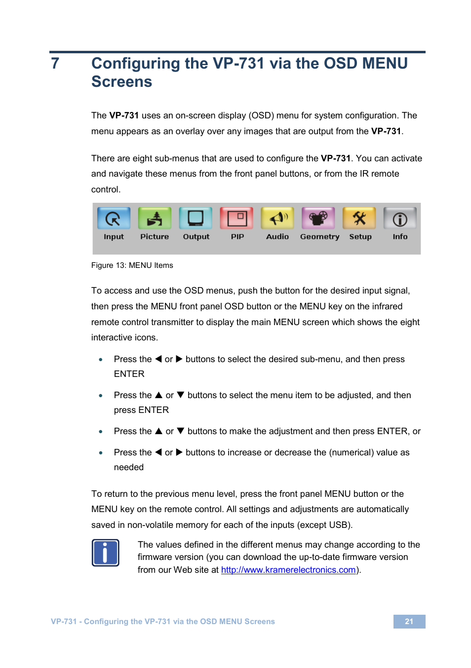 7 configuring the vp-731 via the osd menu screens, Configuring the vp-731 via the osd menu screens, Figure 13: menu items | 7configuring the vp-731 via the osd menu screens | Kramer Electronics VP-731 User Manual | Page 26 / 69