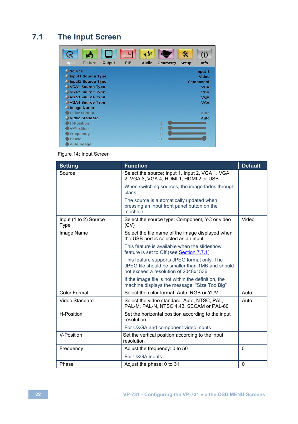 1 the input screen, The input screen, Figure 14: input screen | Kramer Electronics VP-731 User Manual | Page 27 / 69