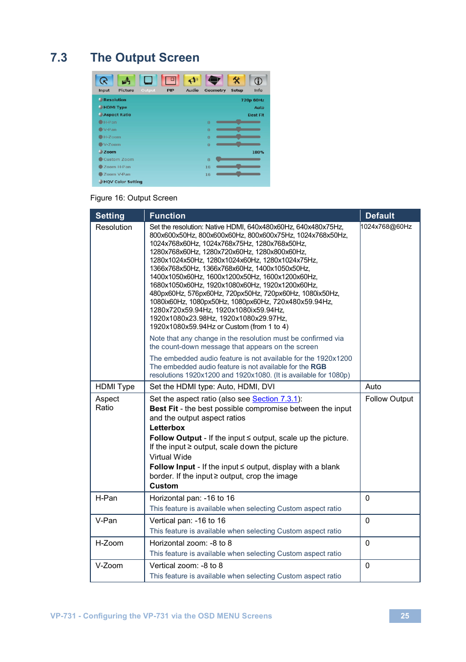 3 the output screen, The output screen, Figure 16: output screen | Kramer Electronics VP-731 User Manual | Page 30 / 69