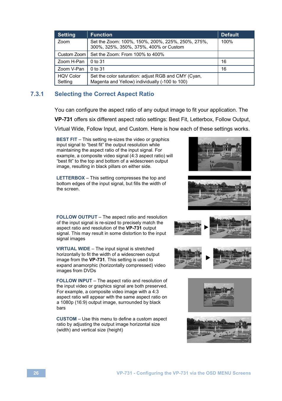 1 selecting the correct aspect ratio | Kramer Electronics VP-731 User Manual | Page 31 / 69