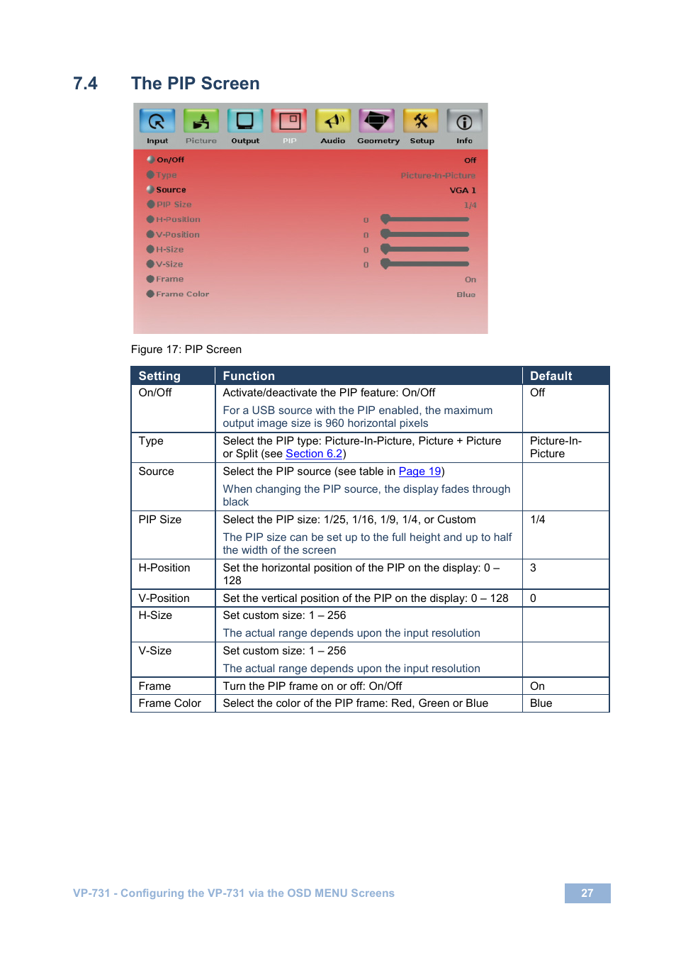 4 the pip screen, The pip screen, Figure 17: pip screen | Figure 17 | Kramer Electronics VP-731 User Manual | Page 32 / 69