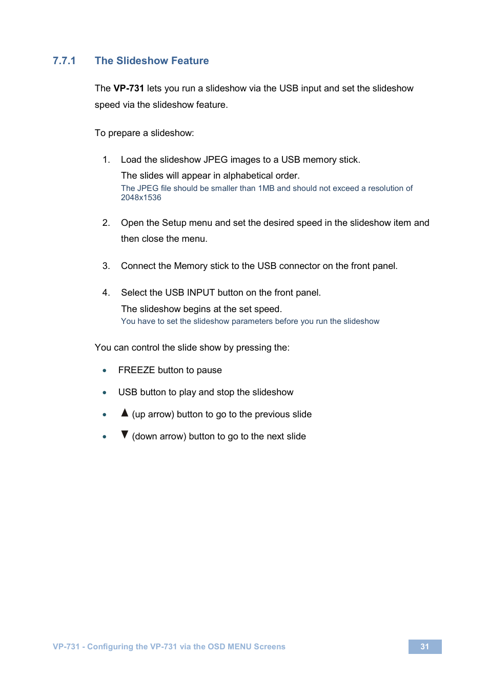 1 the slideshow feature, N 7.7.1, Ge 31 | On 7.7.1 | Kramer Electronics VP-731 User Manual | Page 36 / 69