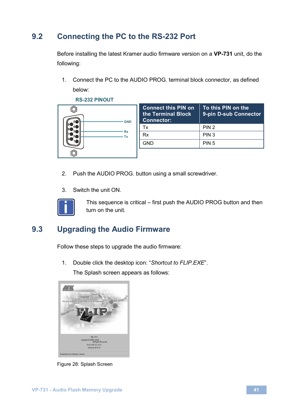 2 connecting the pc to the rs232 port, 3 upgrading the audio firmware, Connecting the pc to the rs-232 port | Upgrading the audio firmware, Figure 28: splash screen, 2 connecting the pc to the rs-232 port | Kramer Electronics VP-731 User Manual | Page 46 / 69