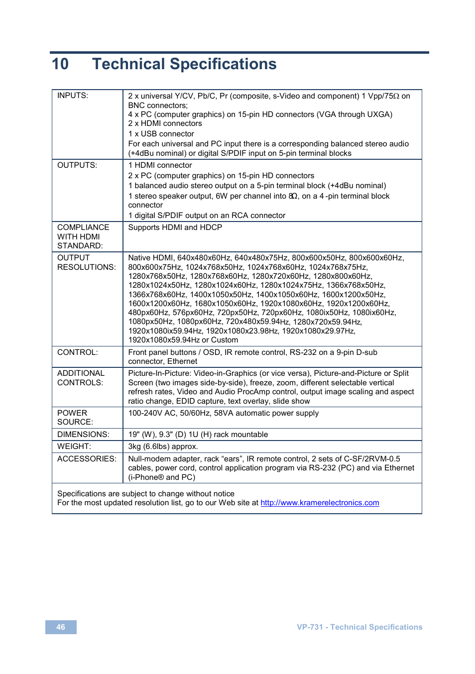 10 technical specifications, Technical specifications | Kramer Electronics VP-731 User Manual | Page 51 / 69