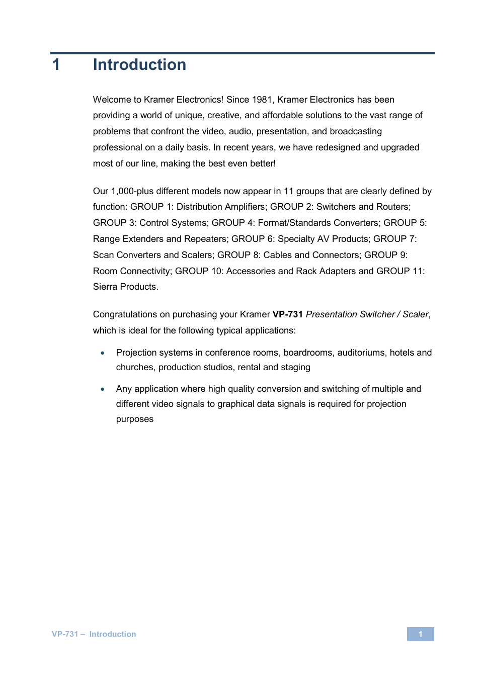 1 introduction, Introduction, 1introduction | Kramer Electronics VP-731 User Manual | Page 6 / 69