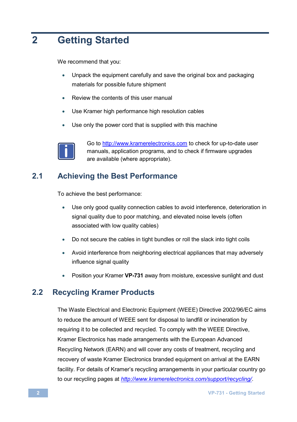 2 getting started, 1 achieving the best performance, 2 recycling kramer products | Getting started, Achieving the best performance, Recycling kramer products, 2getting started | Kramer Electronics VP-731 User Manual | Page 7 / 69