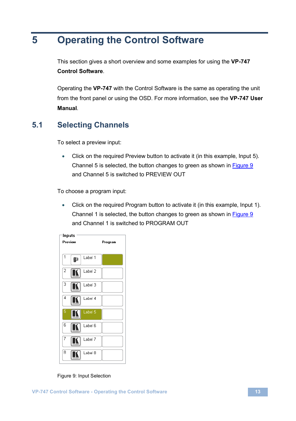 5 operating the control software, 1 selecting channels, Operating the control software | Selecting channels, Figure 9: input selection, 5operating the control software | Kramer Electronics VP-747 User Manual | Page 15 / 18