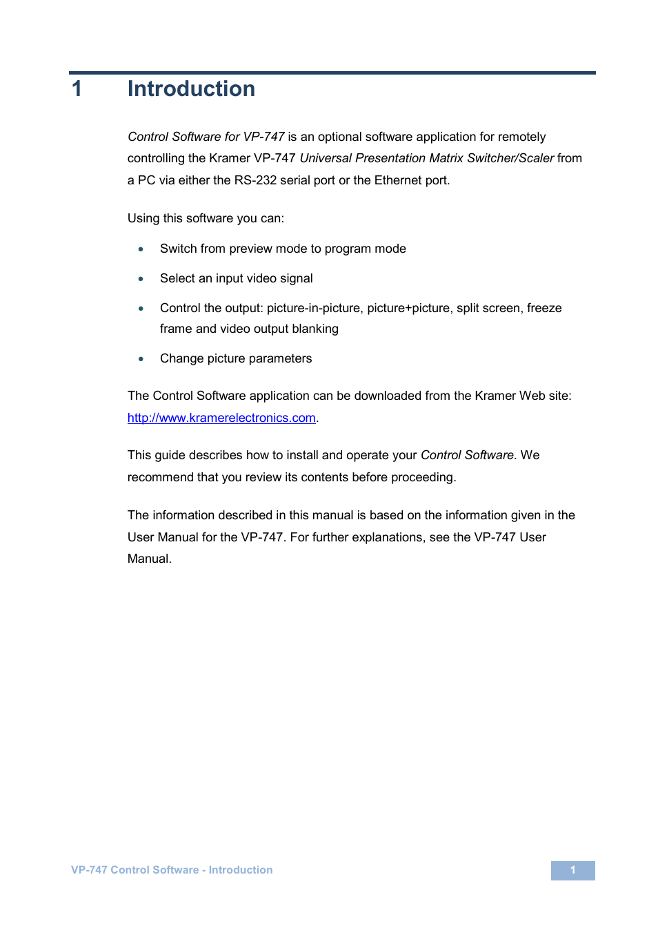 1 introduction, Introduction, 1introduction | Kramer Electronics VP-747 User Manual | Page 3 / 18