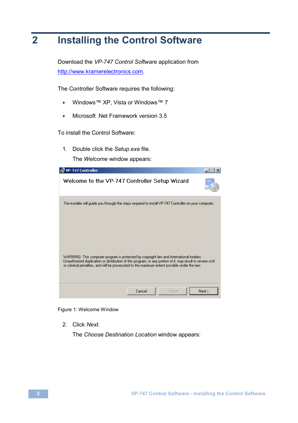 2 installing the control software, Installing the control software, Figure 1: welcome window | 2installing the control software | Kramer Electronics VP-747 User Manual | Page 4 / 18