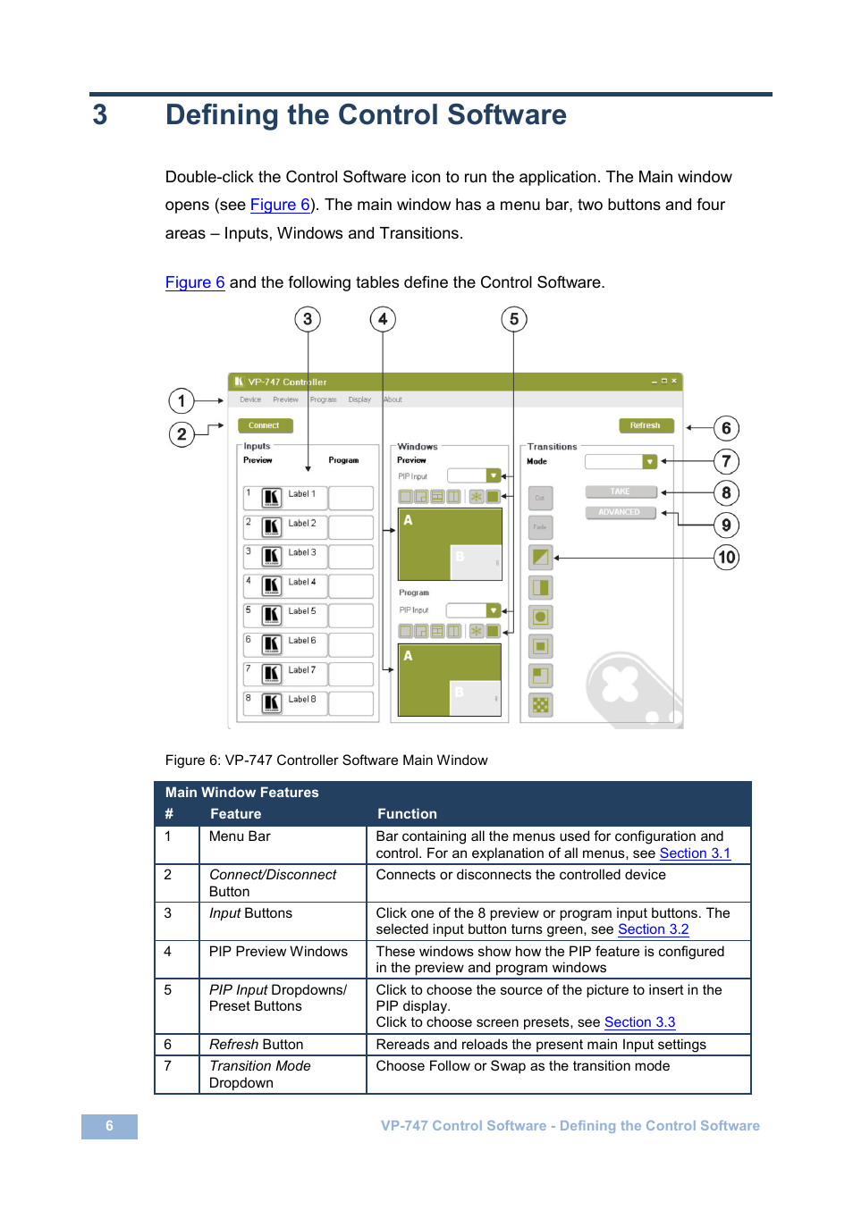 3 defining the control software, Defining the control software, Figure 6: vp-747 controller software main window | 3defining the control software | Kramer Electronics VP-747 User Manual | Page 8 / 18