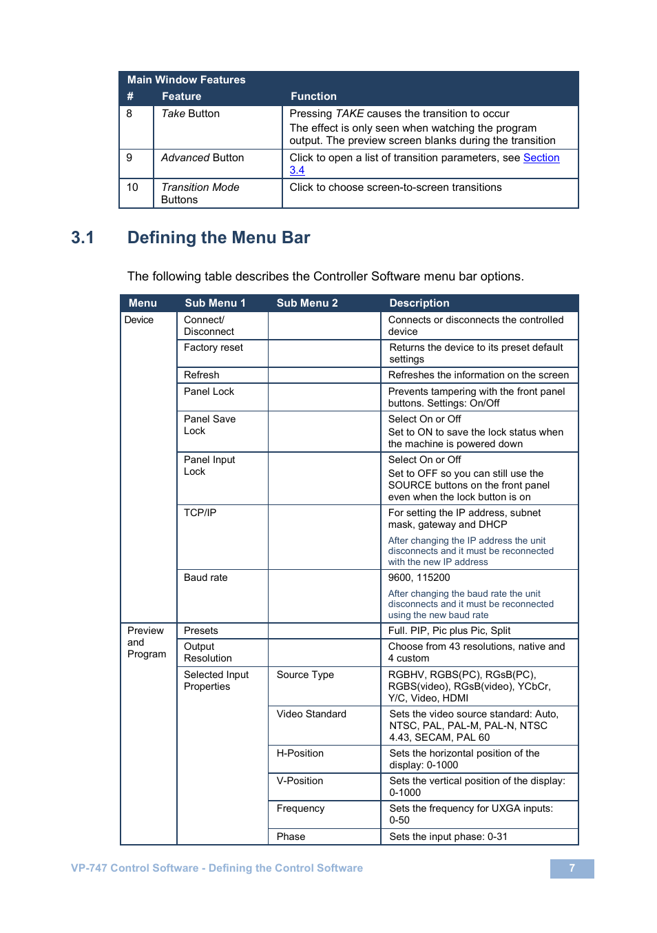 1 defining the menu bar, Defining the menu bar, On 3.1 | Kramer Electronics VP-747 User Manual | Page 9 / 18