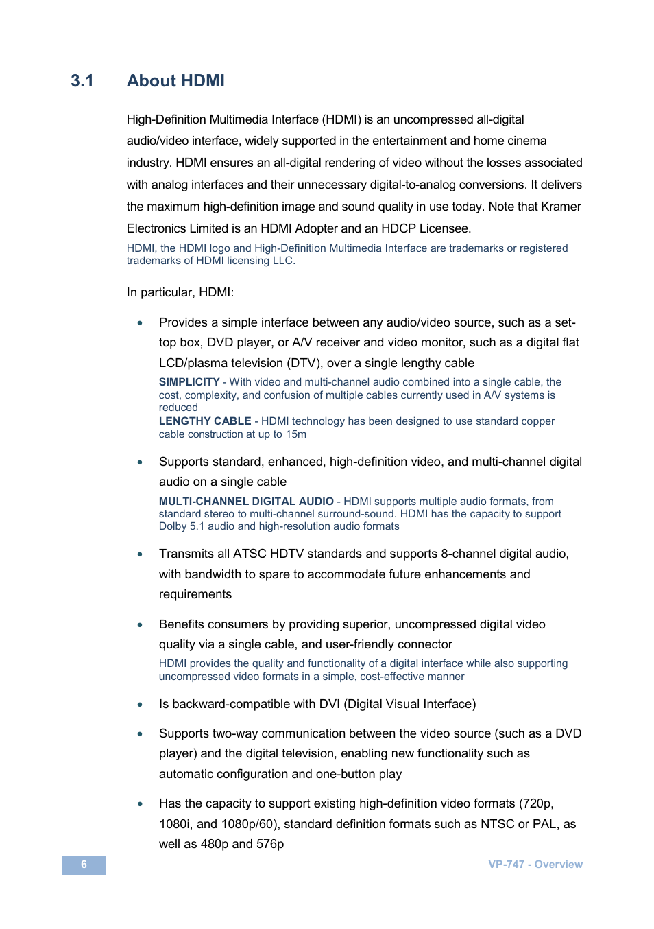 1 about hdmi, About hdmi | Kramer Electronics VP-747 User Manual | Page 11 / 65