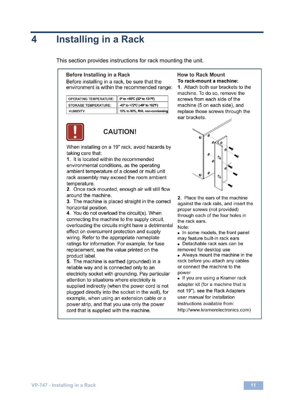 4 installing in a rack, Installing in a rack, 4installing in a rack | Kramer Electronics VP-747 User Manual | Page 16 / 65