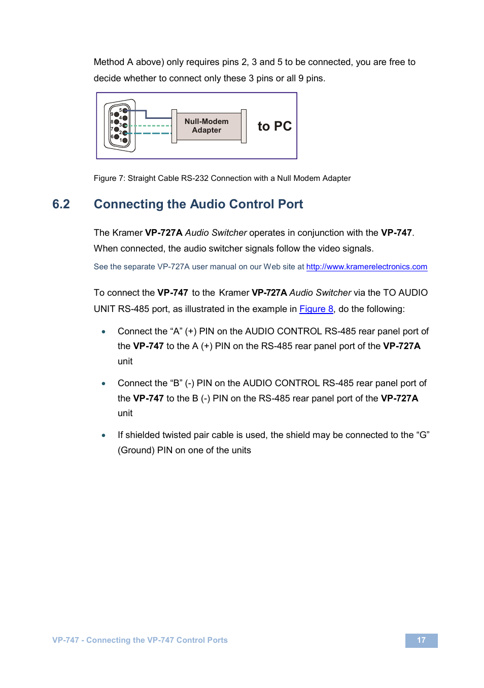 2 connecting the audio control port, Connecting the audio control port, On 6.2 | Figure 7 | Kramer Electronics VP-747 User Manual | Page 22 / 65