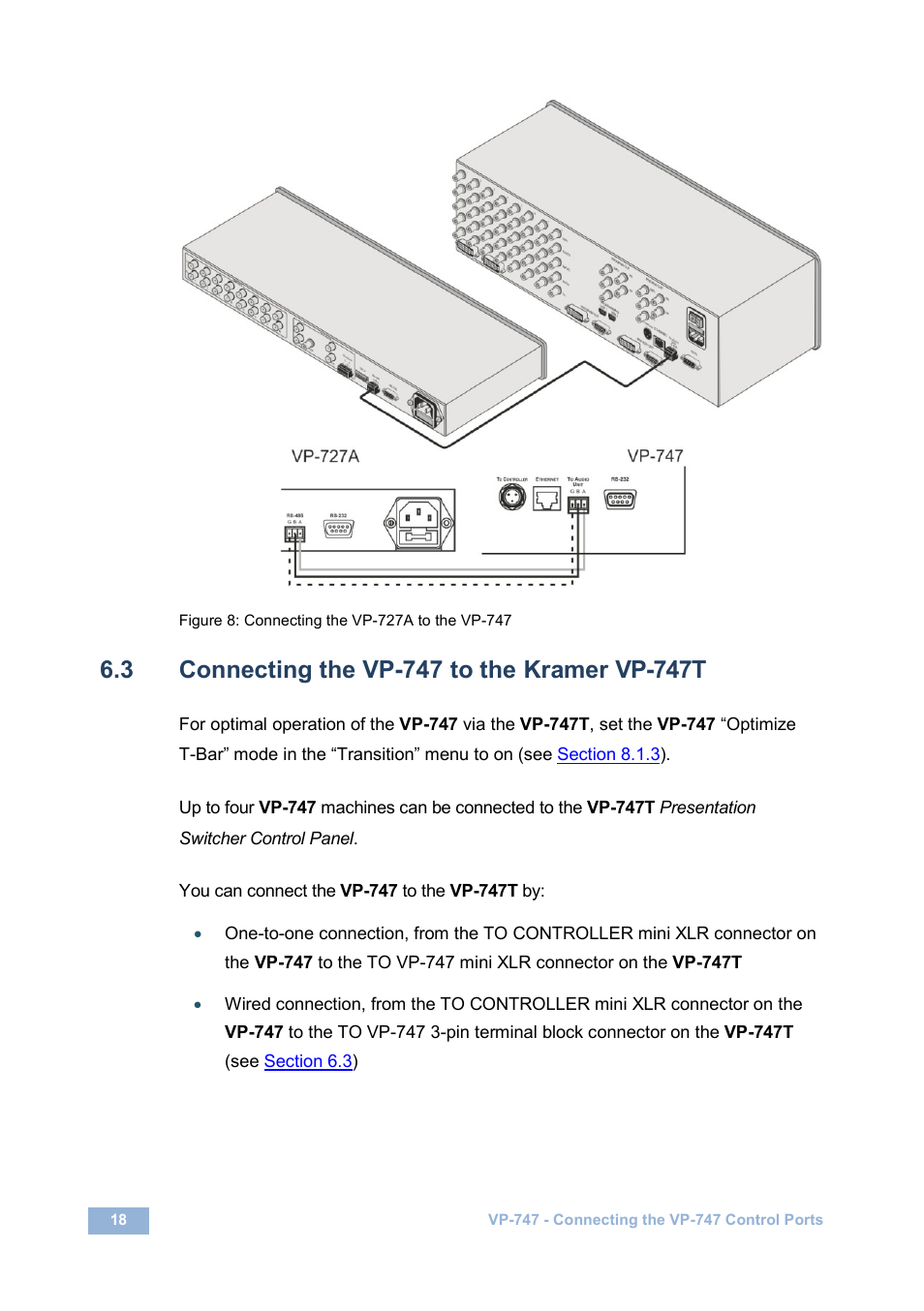 3 connecting the vp-747 to the kramer vp-747t, Connecting the vp-747 to the kramer vp-747t, Figure 8: connecting the vp-727a to the vp-747 | N 6.3, 3 connecting the vp-747, Kramer vp-747t | Kramer Electronics VP-747 User Manual | Page 23 / 65