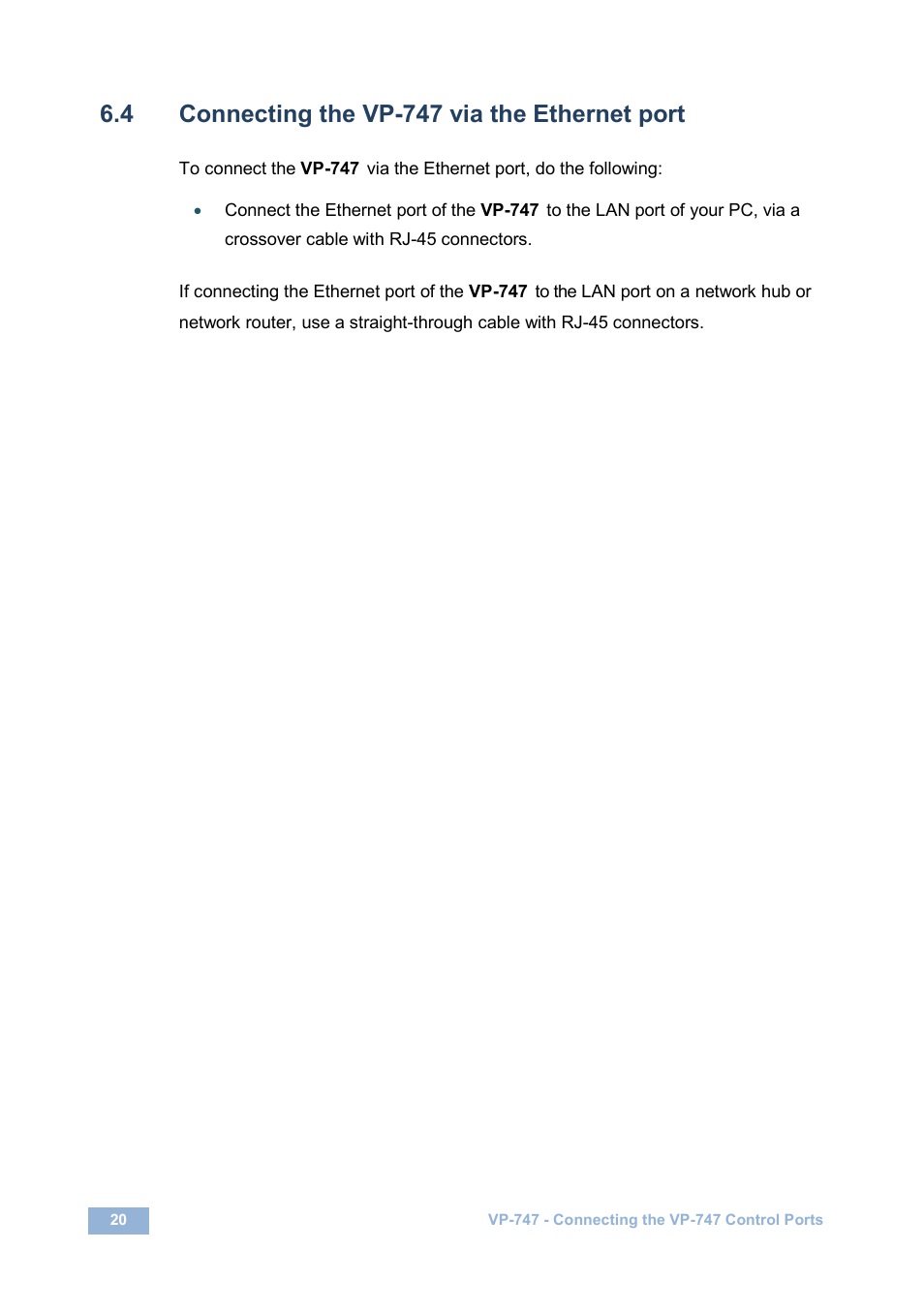 4 connecting the vp747 via the ethernet port, Connecting the vp-747 via the ethernet port, On 6.4 | N 6.4, 4 connecting the vp-747 via the ethernet port | Kramer Electronics VP-747 User Manual | Page 25 / 65