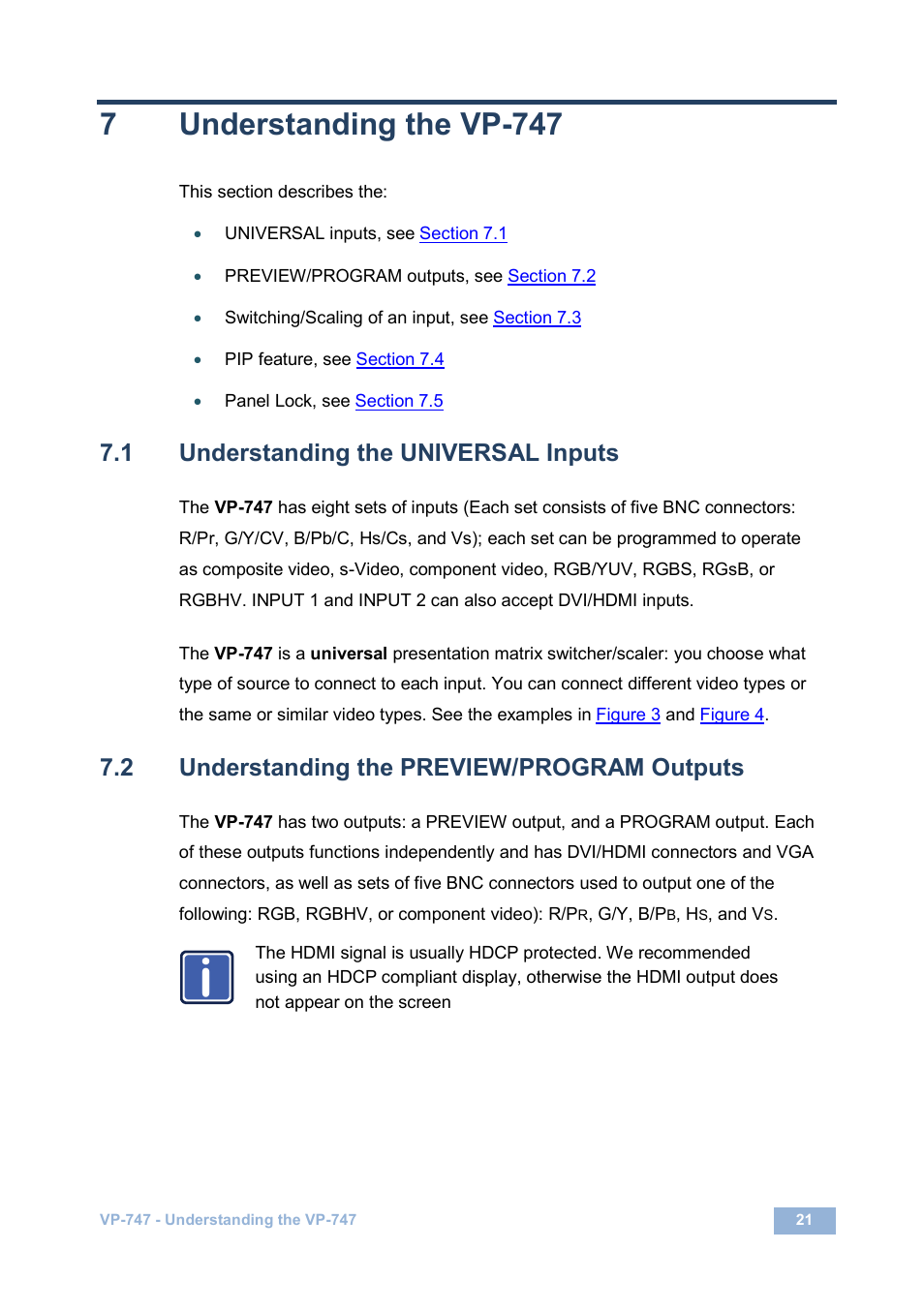 7 understanding the vp747, 1 understanding the universal inputs, 2 understanding the preview/program outputs | Understanding the vp-747, Understanding the universal inputs, Understanding the preview/program outputs, On 7.2, 7understanding the vp-747 | Kramer Electronics VP-747 User Manual | Page 26 / 65
