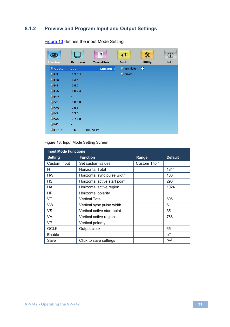 2 preview and program input and output settings, Figure 13: input mode setting screen, Figure 13 | Kramer Electronics VP-747 User Manual | Page 36 / 65