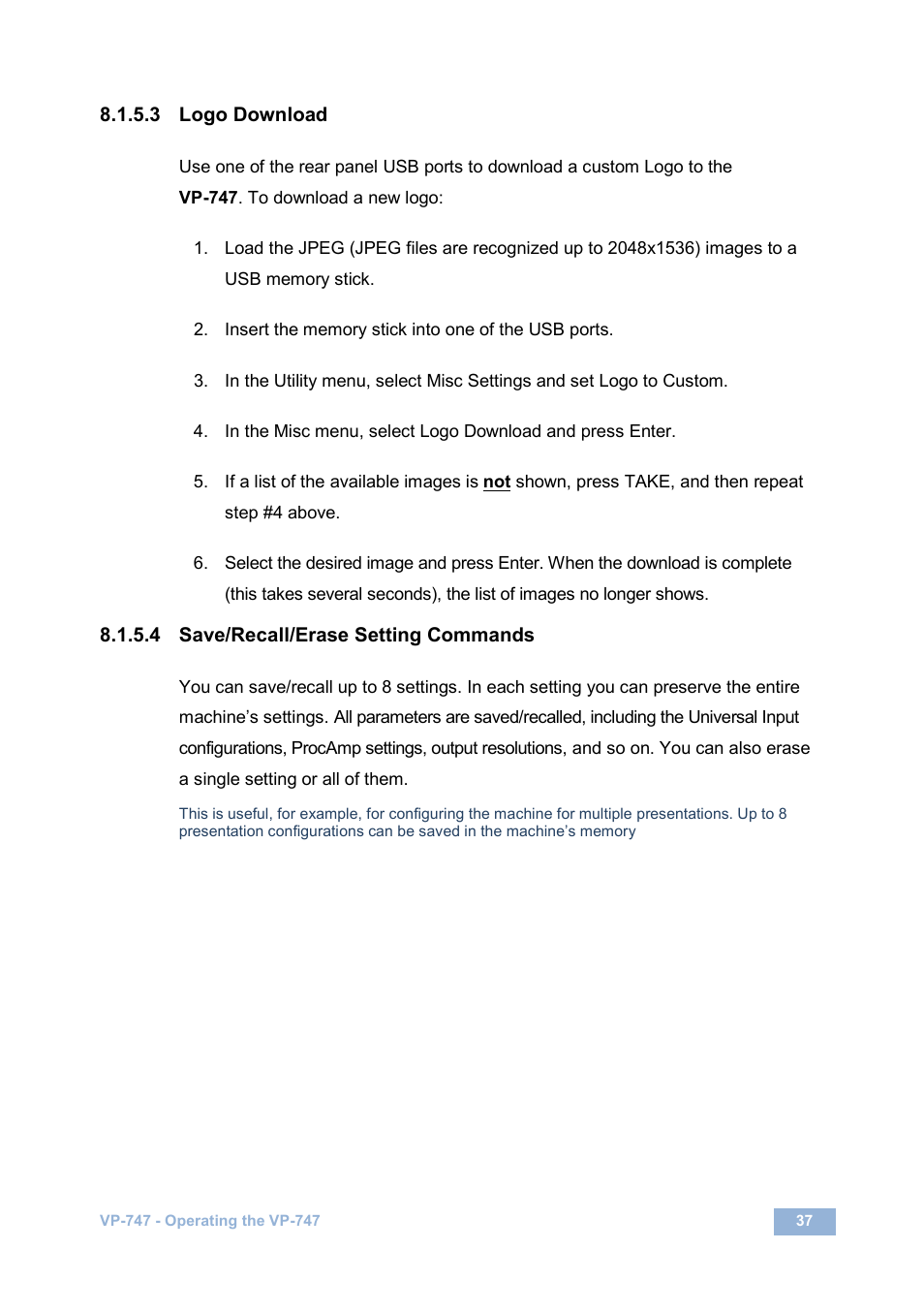 3 logo download, 4 save/recall/erase setting commands, N 8.1.5.3 | Kramer Electronics VP-747 User Manual | Page 42 / 65