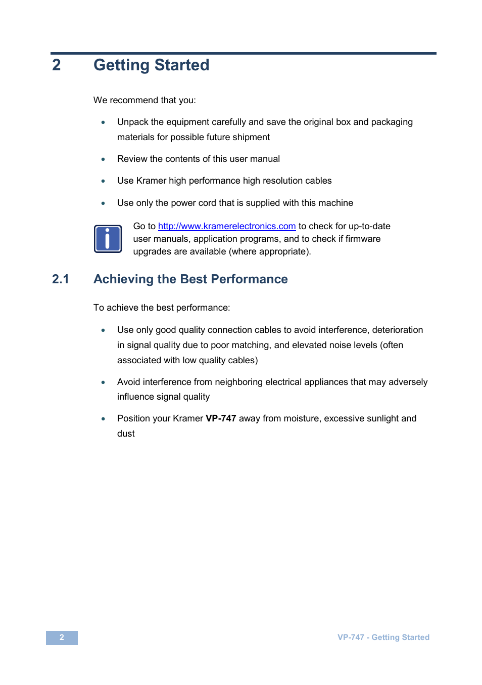 2 getting started, 1 achieving the best performance, Getting started | Achieving the best performance, 2getting started | Kramer Electronics VP-747 User Manual | Page 7 / 65