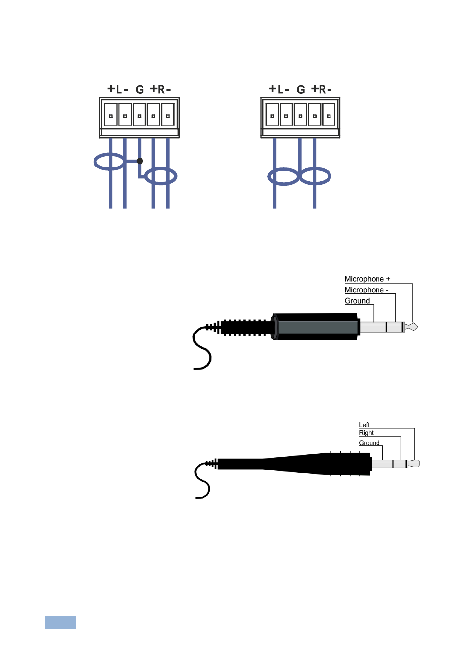 2 connecting the balanced stereo audio output, 3 microphone pinout, 4 audio input pinout | Connecting the balanced stereo audio output, Microphone pinout, Audio input pinout, Figure 8: microphone pinout, Figure 9: audio input pinout | Kramer Electronics VP-774 User Manual | Page 21 / 85