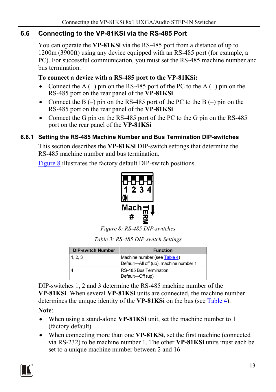 6 connecting to the vp-81ksi via the rs-485 port, Connecting to the vp-81ksi via the rs-485 port, Figure 8: rs-485 dip-switches | Table 3: rs-485 dip-switch settings, N 6.6.1, N 6.6 | Kramer Electronics VP-81KSi User Manual | Page 17 / 51