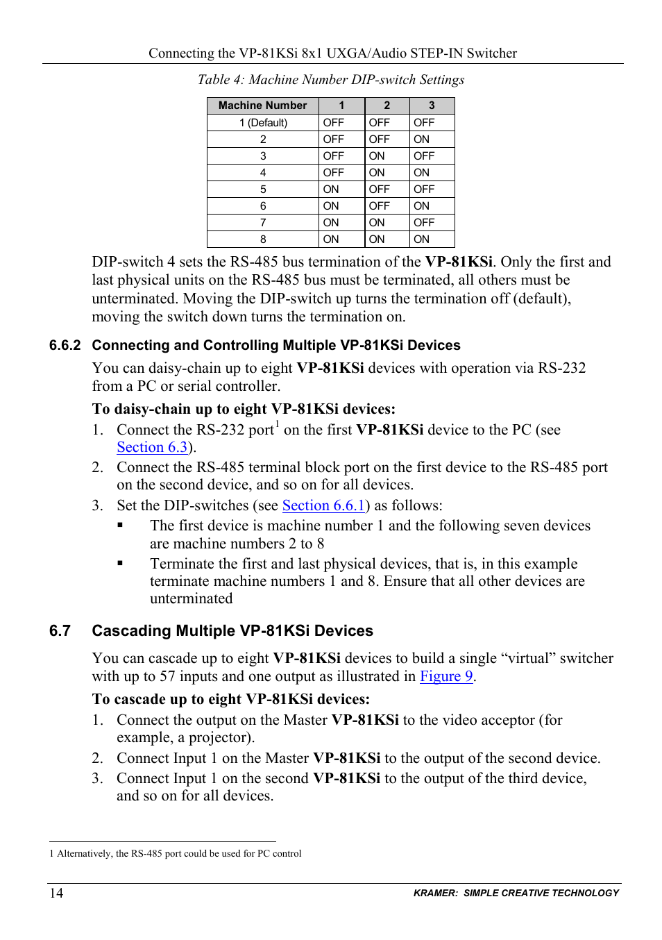 7 cascading multiple vp-81ksi devices, Cascading multiple vp-81ksi devices, Table 4: machine number dip-switch settings | Table 4 | Kramer Electronics VP-81KSi User Manual | Page 18 / 51