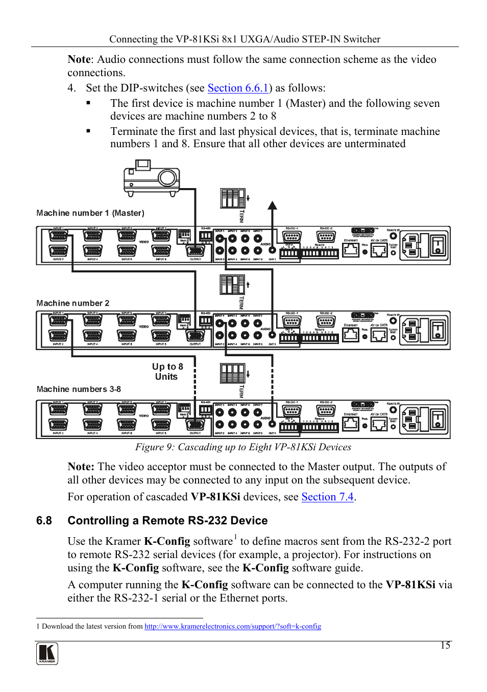 8 controlling a remote rs-232 device, Controlling a remote rs-232 device, Figure 9: cascading up to eight vp-81ksi devices | Figure 9 | Kramer Electronics VP-81KSi User Manual | Page 19 / 51