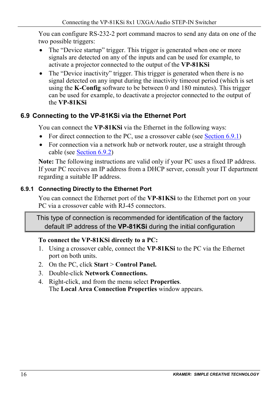 9 connecting to the vp-81ksi via the ethernet port, 1 connecting directly to the ethernet port, Connecting to the vp-81ksi via the ethernet port | Connecting directly to the ethernet port, N 6.9 | Kramer Electronics VP-81KSi User Manual | Page 20 / 51