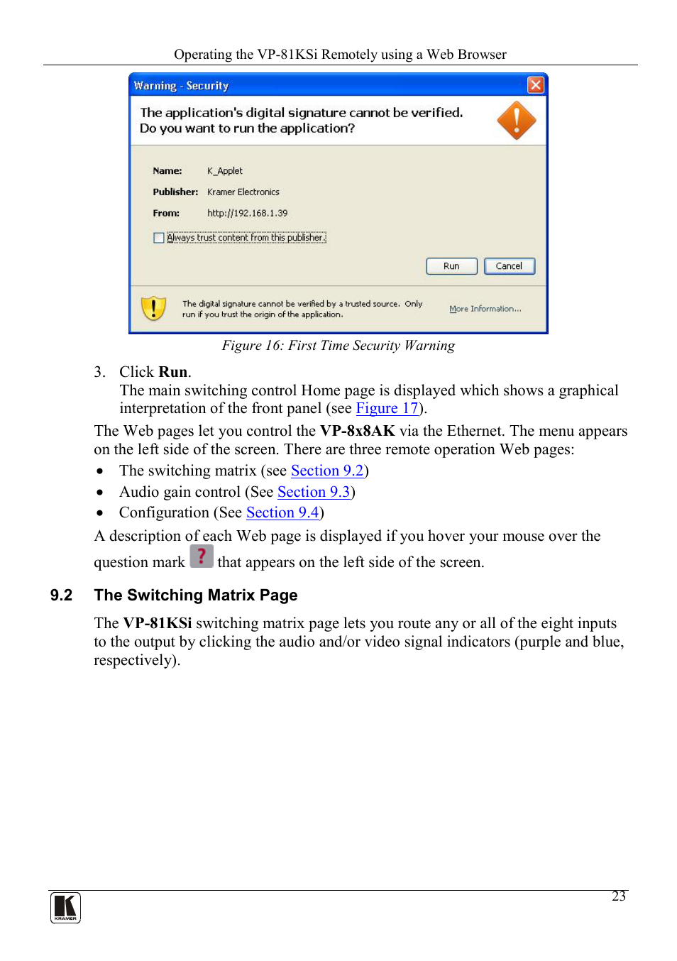 Figure 16: first time security warning | Kramer Electronics VP-81KSi User Manual | Page 27 / 51