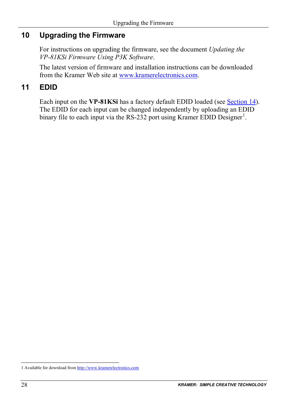 10 upgrading the firmware, 11 edid, Upgrading the firmware | Edid | Kramer Electronics VP-81KSi User Manual | Page 32 / 51