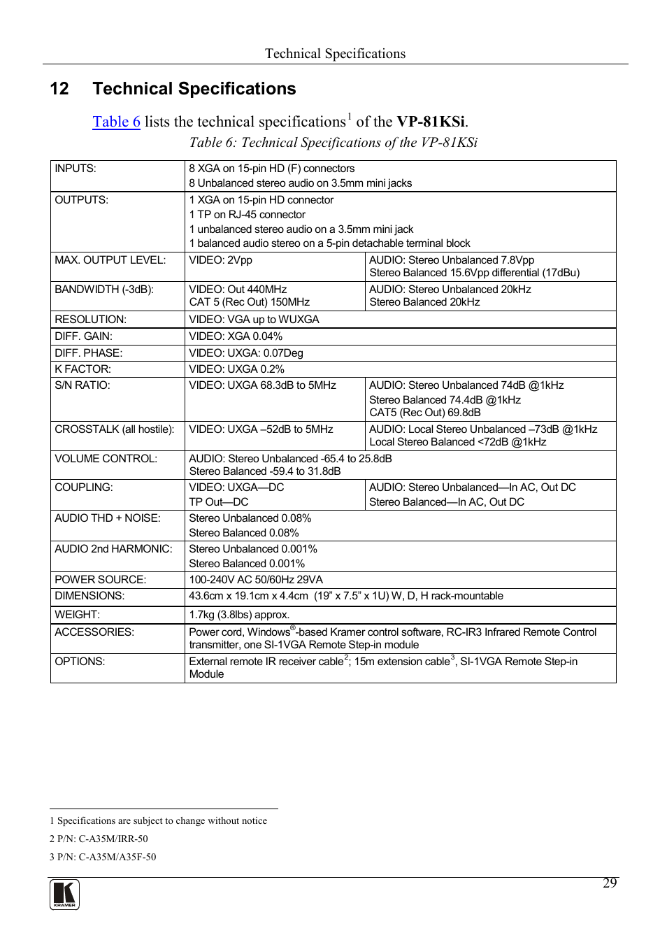 12 technical specifications, Technical specifications, Table 6: technical specifications of the vp-81ksi | Table 6 lists the technical specifications, Of the vp-81ksi | Kramer Electronics VP-81KSi User Manual | Page 33 / 51