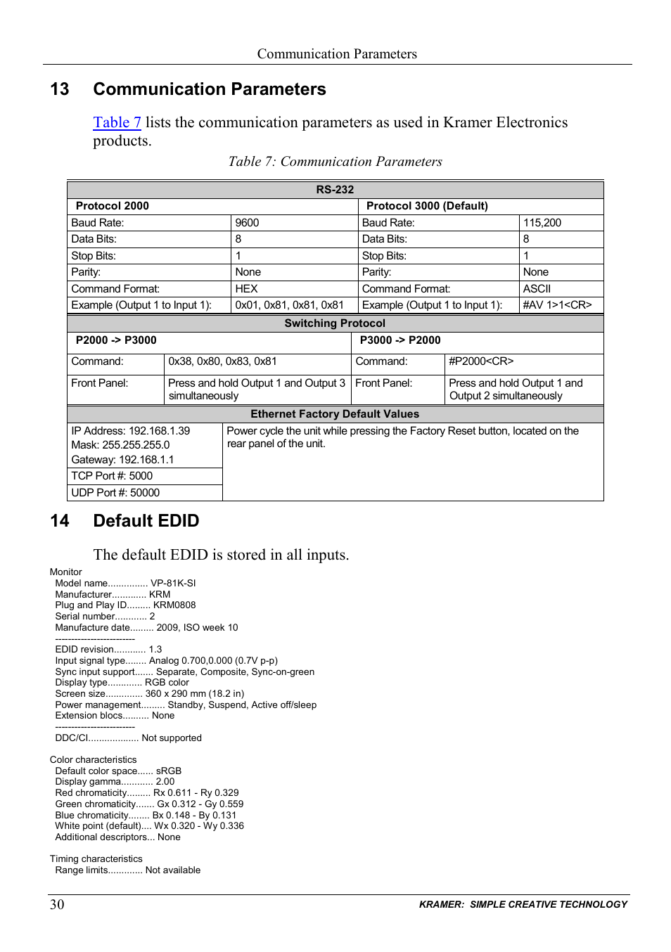 13 communication parameters, 14 default edid, Communication parameters | Default edid, Table 7: communication parameters, Table 7, The default edid is stored in all inputs | Kramer Electronics VP-81KSi User Manual | Page 34 / 51