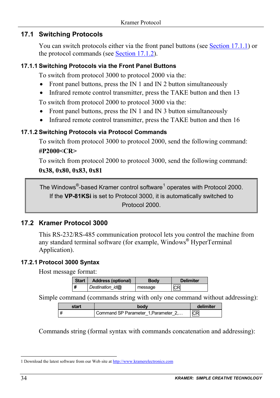 1 switching protocols, 1 switching protocols via the front panel buttons, 2 switching protocols via protocol commands | 2 kramer protocol 3000, 1 protocol 3000 syntax, Switching protocols, Switching protocols via the front panel buttons, Switching protocols via protocol commands, Kramer protocol 3000, Protocol 3000 syntax | Kramer Electronics VP-81KSi User Manual | Page 38 / 51