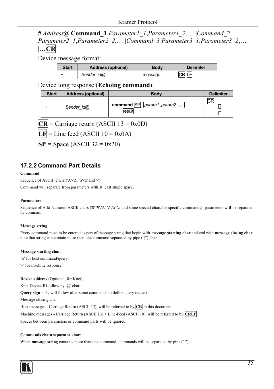 2 command part details, Command part details, Device long response ( echoing command ) | Kramer Electronics VP-81KSi User Manual | Page 39 / 51