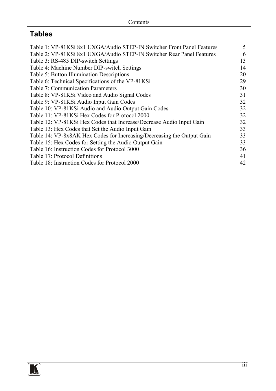 Tables | Kramer Electronics VP-81KSi User Manual | Page 4 / 51