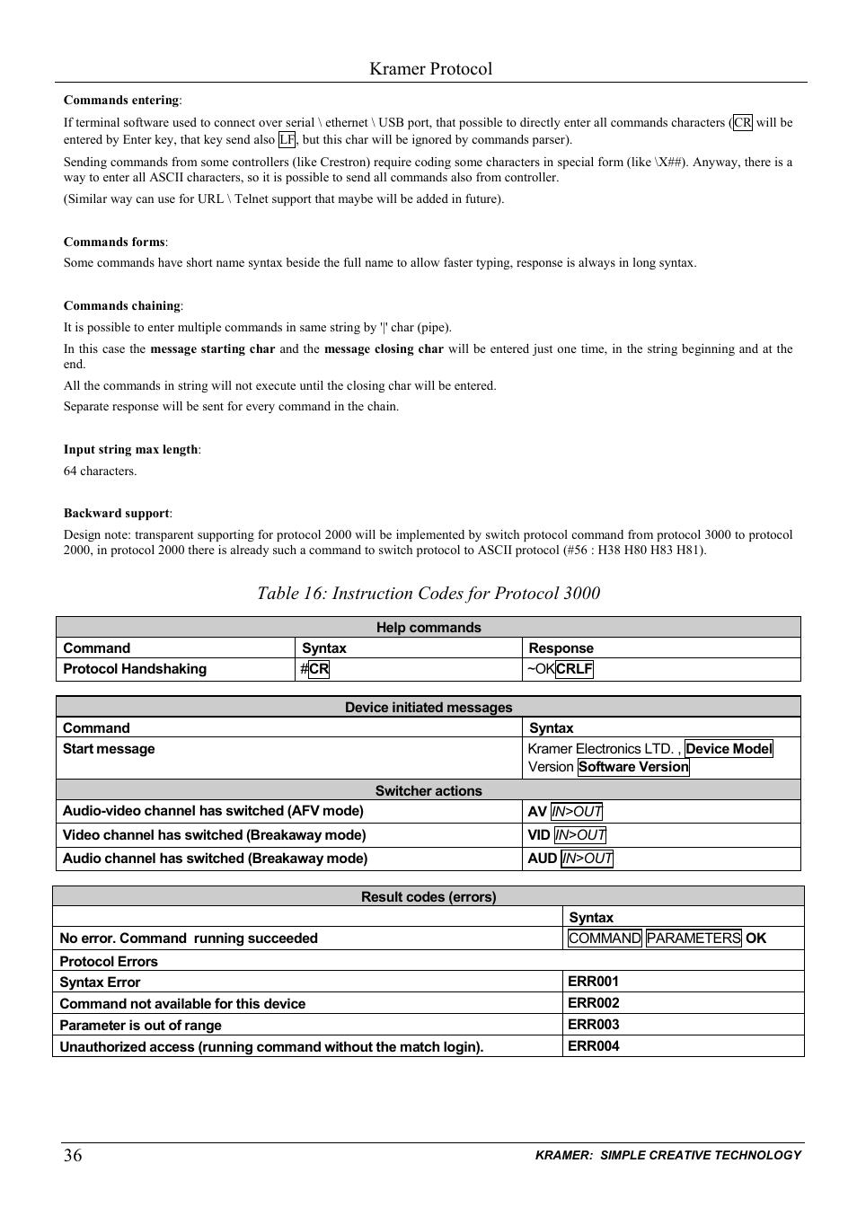 Table 16: instruction codes for protocol 3000, Kramer protocol | Kramer Electronics VP-81KSi User Manual | Page 40 / 51