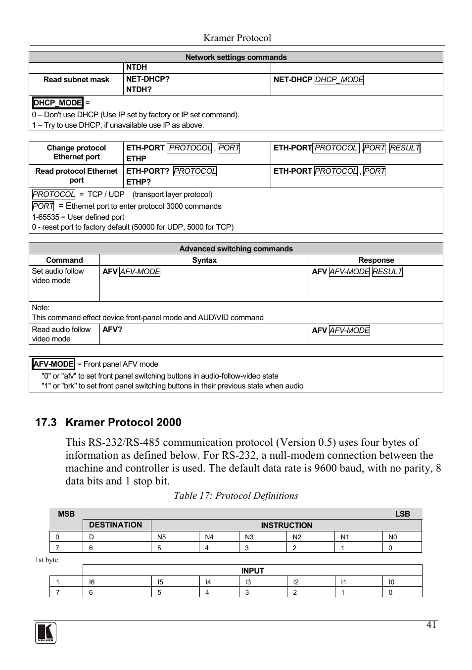 3 kramer protocol 2000, Kramer protocol 2000, Table 17: protocol definitions | Kramer protocol | Kramer Electronics VP-81KSi User Manual | Page 45 / 51