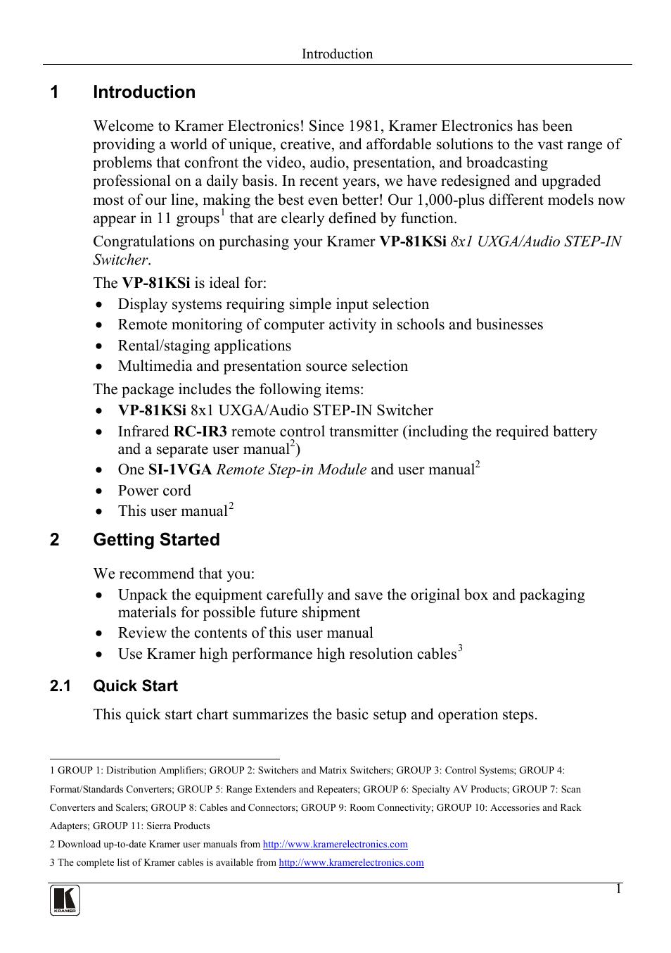 1 introduction, 2 getting started, 1 quick start | Introduction, Getting started, Quick start, 1introduction, 2getting started | Kramer Electronics VP-81KSi User Manual | Page 5 / 51