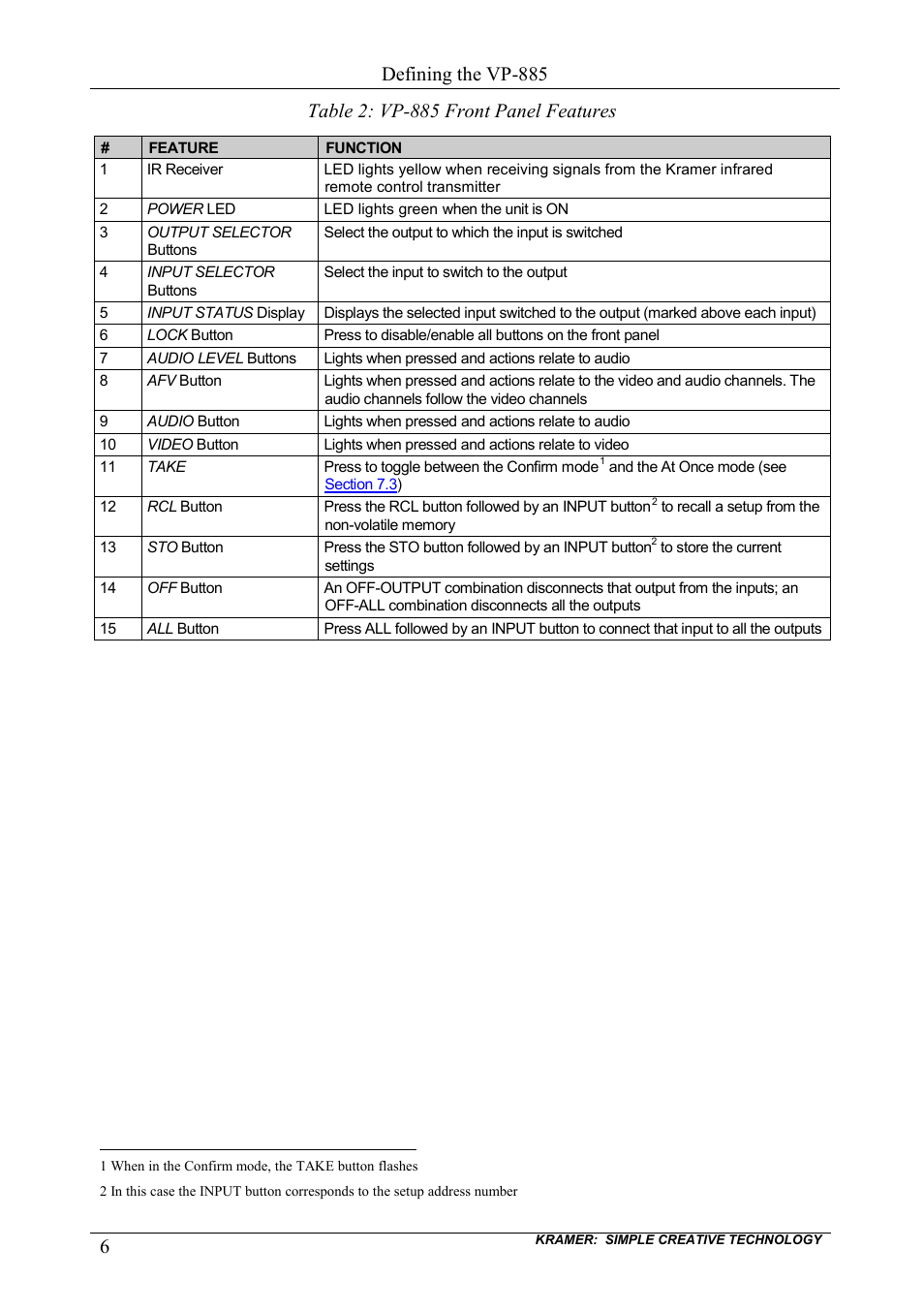 Table 2: vp-885 front panel features, Table 2, Defining the vp-885 | Kramer Electronics VP-885 User Manual | Page 10 / 62